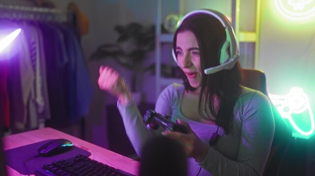 Young hispanic woman wearing headset holds game controller with both hands, raises fist and smiles while sitting at desk in studio; joyful celebration.