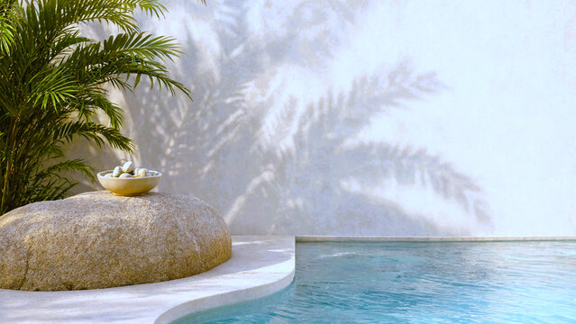 Spa stone plinth with bowl by swimming pool and palm leaf shadow on white wall background