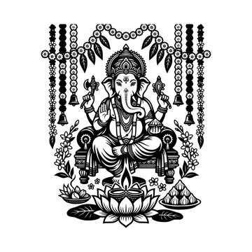 Lord ganesha sitting on throne with traditional festive decorations