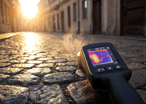 Thermal imaging camera measuring heat radiating from wet cobblestone street at sunset