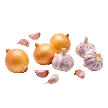 Fresh yellow onions and purple garlic bulbs and cloves