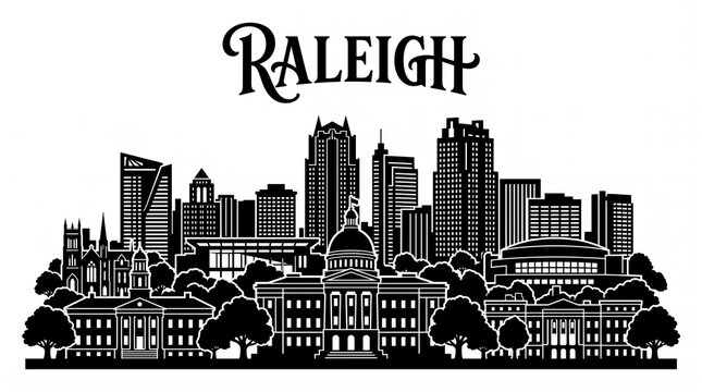 Highly detailed Raleigh, North Carolina skyline silhouette featuring the North Carolina State Capitol, downtown towers, Raleigh Convention Center, arena-inspired architecture, tree-lined Southern city