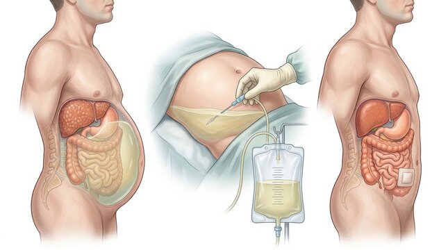 Medical illustration shows abdominal fluid drainage before and after paracentesis procedure