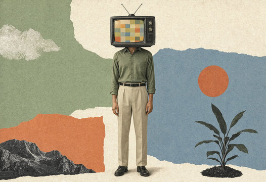 Surreal collage of a man with a vintage television head on a textured paper background.