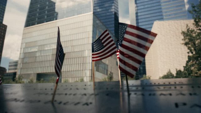 Cluster of American flags outside modern museum building