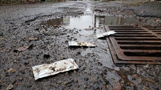 Urban street with litter and drain covered in puddles of water  