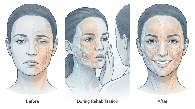 Facial nerve rehabilitation showing improvement from paralysis to recovery
