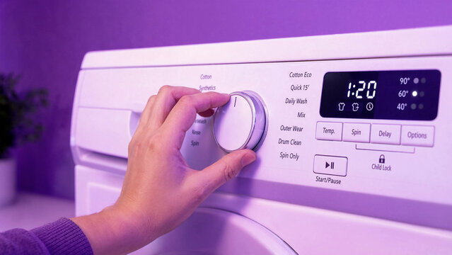 Hand adjusting washing machine dial for laundry cycle selection in purple light