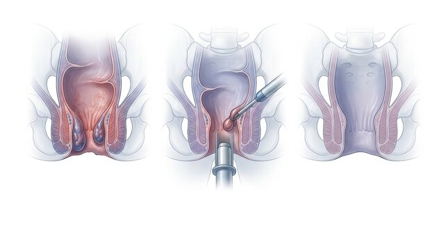 Illustration of hemorrhoid treatment procedure showing prolapsed tissue being stapled