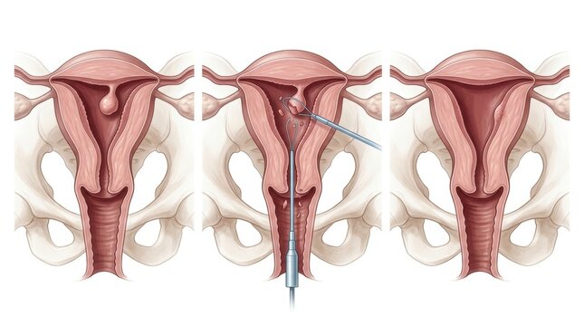 Illustration of hysteroscopy procedure for uterine fibroid removal