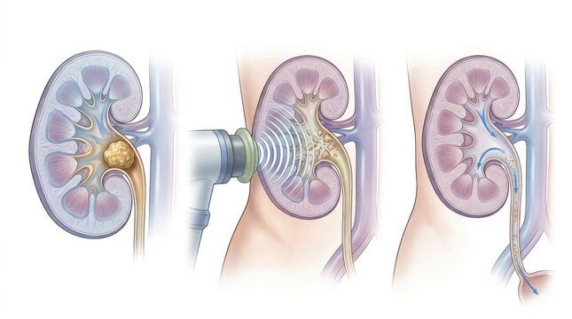 Illustration of kidney stone treatment using extracorporeal shock wave lithotripsy