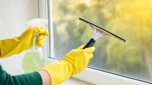Person cleaning a window with a squeegee and spray bottle for home maintenance and hygiene.