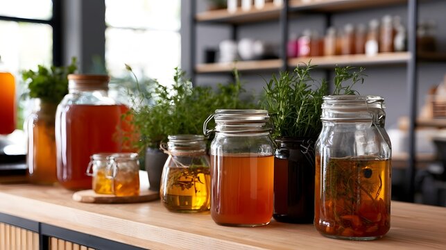 A wooden counter displays glass jars filled with amber liquids and fresh herbs  suggesting homemade infused beverages or herbal prepa ns