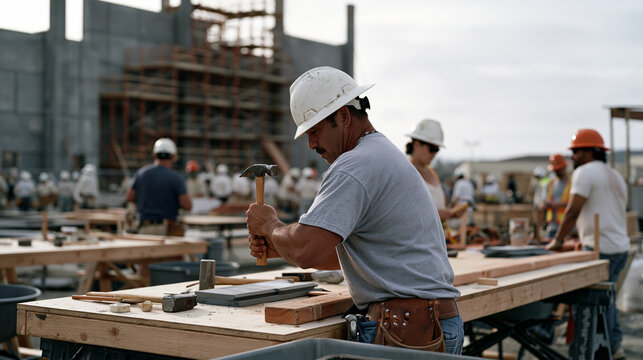 Set construction crew works outdoors under a heavy overcast sky on a sprawling backlot, a wide crowd of workers in hard hats hammering platforms and rigging scaffolding, the scale