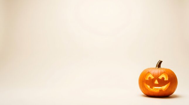 A cheerfully carved jack o' lantern glows warmly against a soft neutral background embodying the spirit of halloween festivities