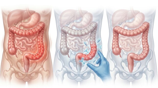 Human digestive system showing inflammation and treatment of the colon