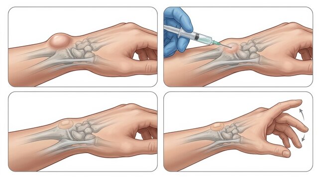 Medical illustration showing treatment of a wrist ganglion cyst with injection