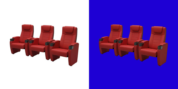 Three red leather cinema theater seats arranged in a row 3D render