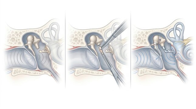 Illustration of stapes prosthesis implantation for hearing restoration surgery
