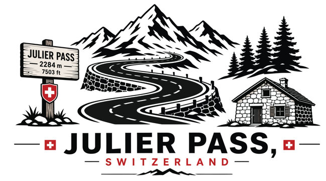 Julier Pass Switzerland Alpine Mountain Road Landmark Flat Vector Icon Set Illustration Collection