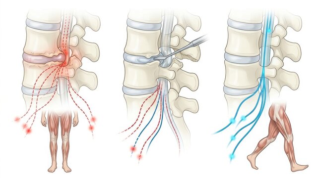 Illustrating spinal nerve compression and relief from herniated disc pain