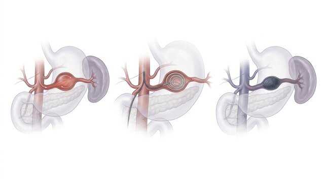 Medical illustration showing treatment of splenic artery aneurysm with embolization
