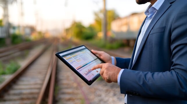 A man in a suit uses a tablet displaying data charts near railway tracks during daylight hours