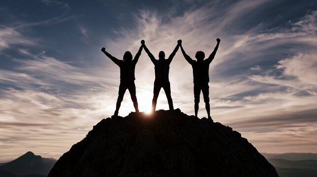 Together overcoming obstacles with three people holding hands up in the air on mountain top , 