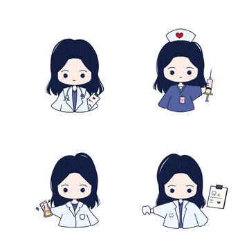 Set Bundle Chibi illustration of Cute Girl Healthcare png transparent - Dark Blue