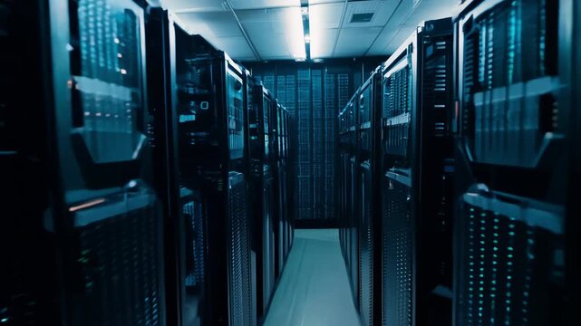 Cryptocurrency Mining Rigs with Blinking LEDs in Dark Server Room