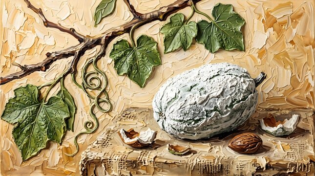 White Ash Gourd Winter Melon on Vine Oil Painting Rustic Still Life Canvas
