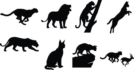 Obraz premium Wild Cat Species and Big Cats Solid Black Silhouette Vector Icon Set Isolated White Background