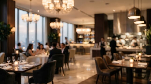 Upscale restaurant interior with blurred diners enjoying dinner service. Soft ambient lighting illuminates the dining room while staff members attend to guests in a high-end atmosphere.