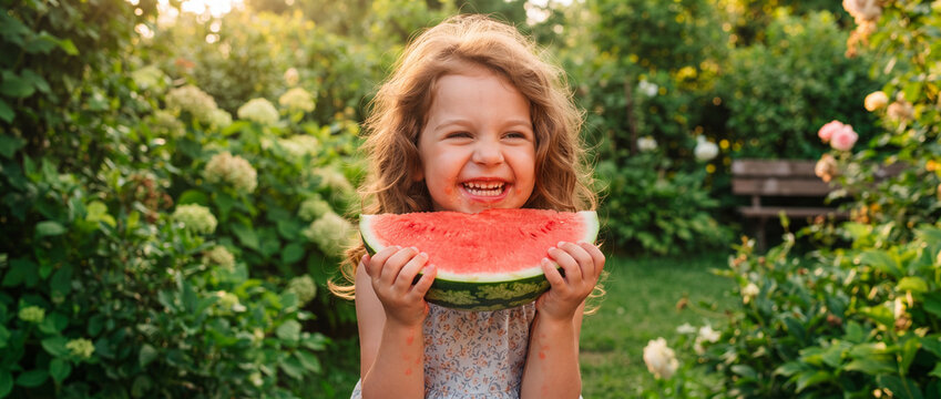 Eating watermelon outdoors in summer garden, happy little girl bites juicy red slice surrounded by green blooming bushes and warm sunset light for healthy childhood concept