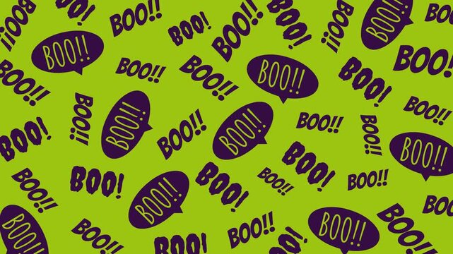 Halloween Boo Typography Pattern. 4K looping motion background on bright green featuring dark purple "BOO!" text and speech bubbles. Fun spooky Halloween typography backdrop.