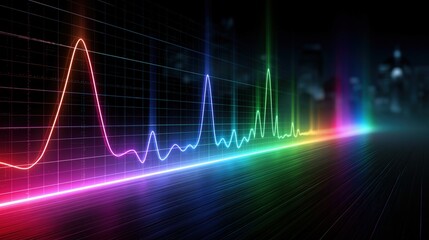 Fototapeta premium A vibrant spectrum equalizer visualizing sound waves in a dynamic display of colorful light, representing the rhythm and energy of music. ..Created with Generative AI, not depicting real subjects.