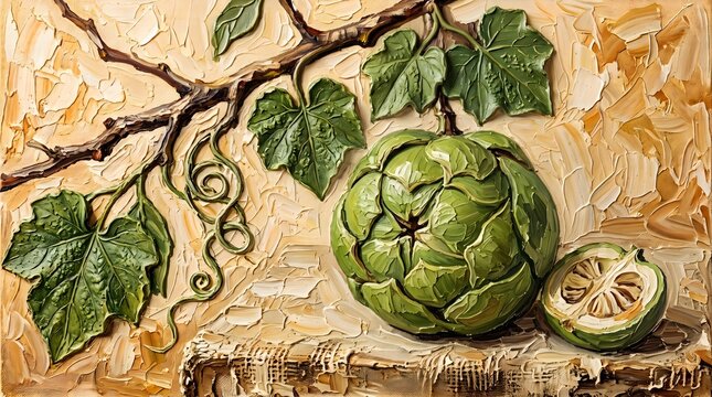 Green Globe Artichoke Plant Oil Painting Rustic Botanical Kitchen Decor