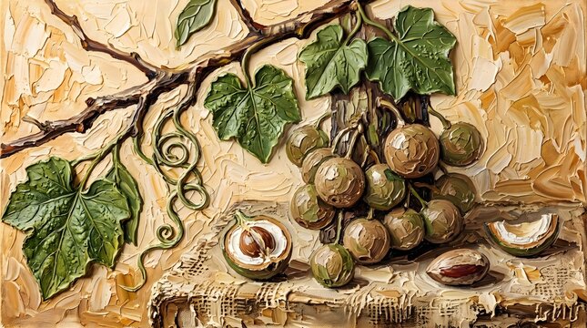 Rustic Longan Fruit Branch Oil Painting Tropical Botanical Kitchen Wall Art