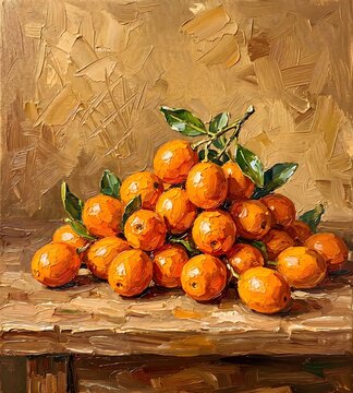 Abundant Orange Sea Buckthorn Berries Pile Oil Painting Rustic Food Artwork