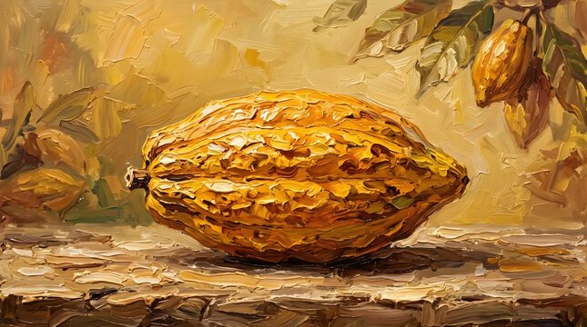 Ripe Yellow Cacao Cocoa Pod Oil Painting Rustic Farm Harvest Fine Art