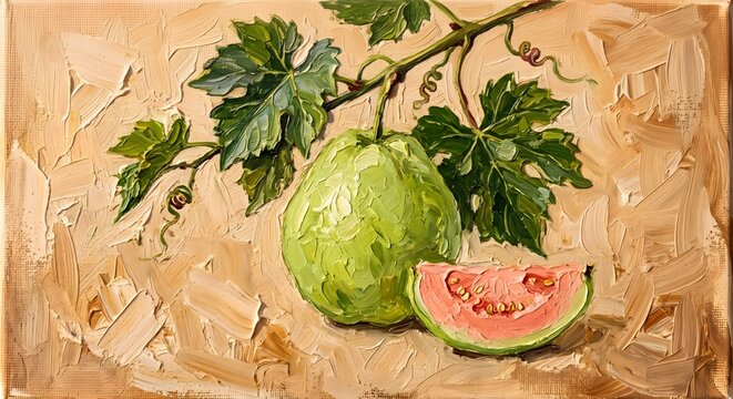 Fresh Green Guava and Pink Slice Oil Painting Botanical Kitchen Decor Art