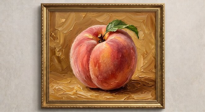 Single Ripe Peach Fruit Still Life Oil Painting Vintage Gold Framed Canvas