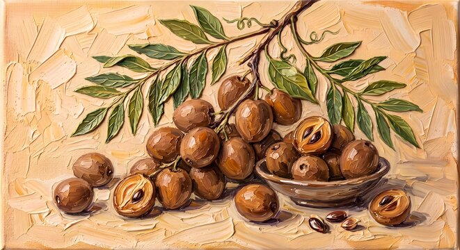 Cluster of Brown Longan Fruits Oil Painting Rustic Botanical Canvas Print