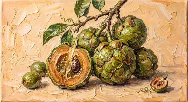 Wood Apple Fruit Branch Oil Painting Botanical Rustic Harvest Canvas Print