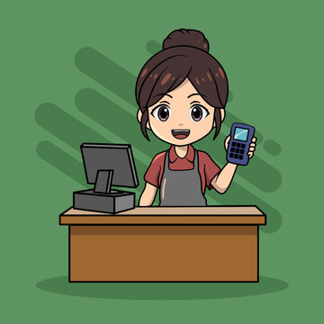 Cute chibi cashier in apron holding EDC card reader behind counter with POS, flat vector illustration on green background for retail and payment