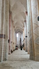 Belle perspective sur l'une des allées latérales de l'ancienne abbatiale de Saint-Savin-sur-Gartempe, avec ses remarquables peintures murales et plafonds peints, chef d'œuvre de l'art roman (Poitou) © Arnaud