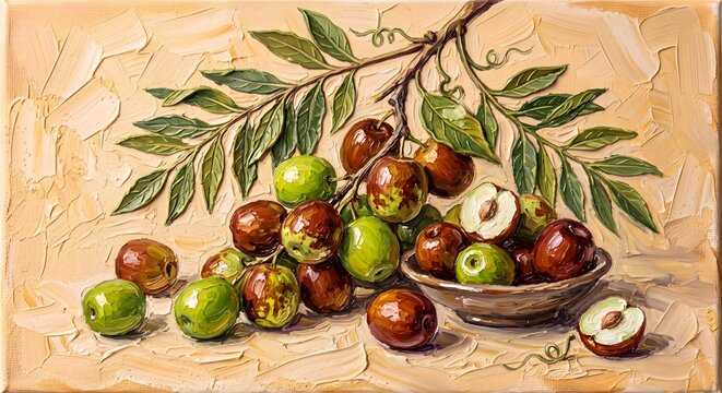 Fresh Green and Red Jujube Fruits Oil Painting Rustic Still Life Wall Canvas