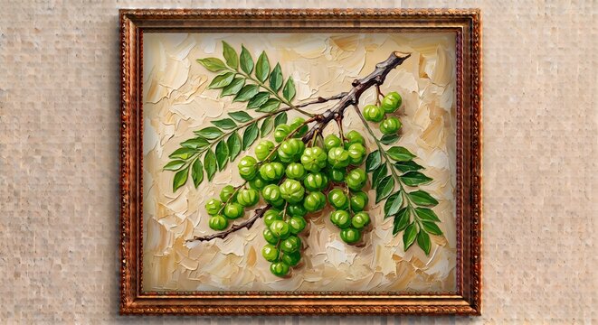 Framed Green Pepper Berry Branch Oil Painting Vintage Gold Wall Art