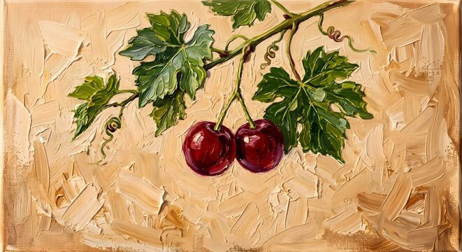 Fresh Red Cherries on Branch Oil Painting Rustic Kitchen Wall Canvas