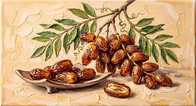 Ripe Brown Dates Fruit Palm Branch Oil Painting Rustic Harvest Artwork